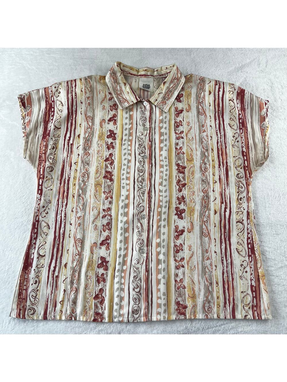 Nikki Vintage Women's Button Down Blouse Floral Stripe Tan Maroon Size 11/12